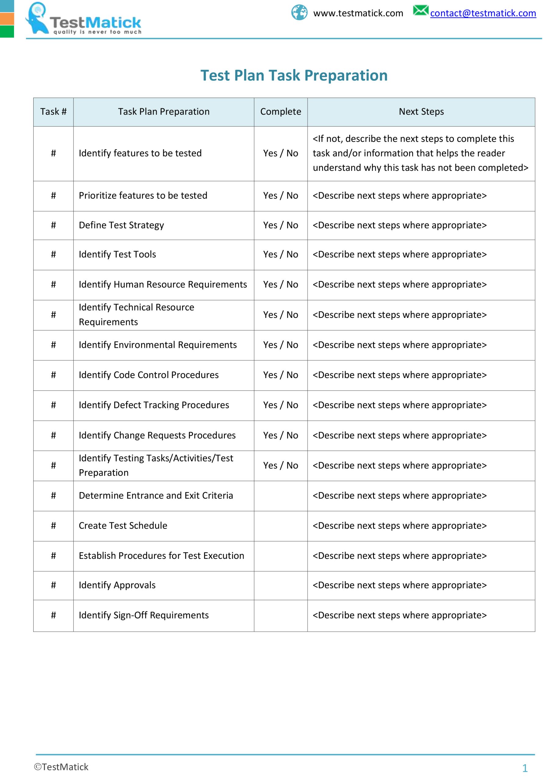 Test Plan Task Preparation