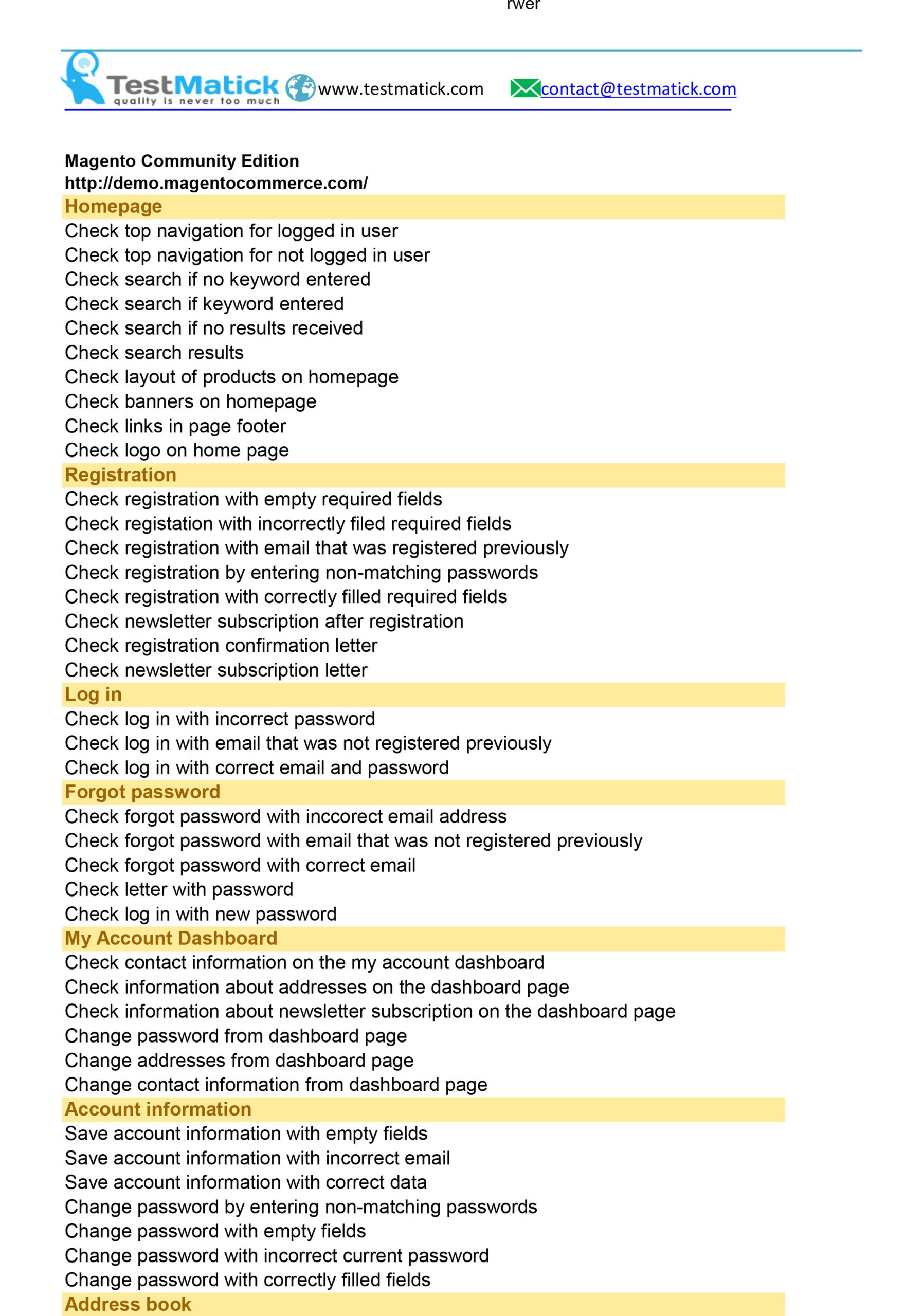 Test Plan for Magento Based Website